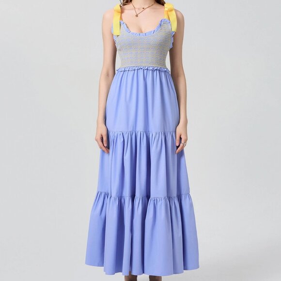 Dreamscape Tiered Blue-Yellow Maxi Dress - Picture 1 of 8